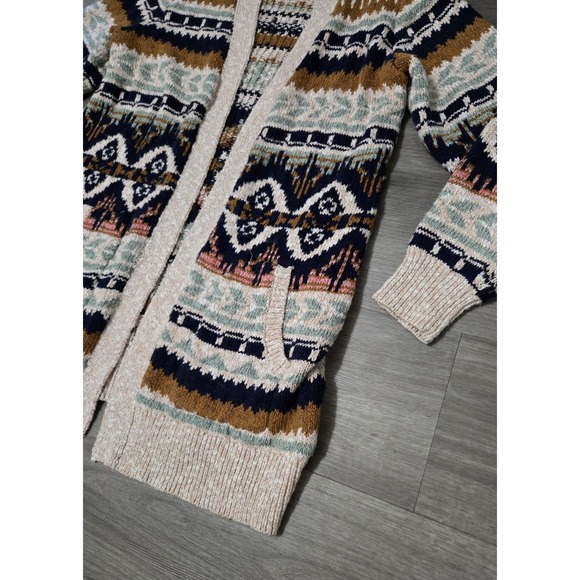 LL Bean Womens Fair Isle Cotton Ragg Open Front Cardigan Size M Chunky Winter - Picture 3 of 11